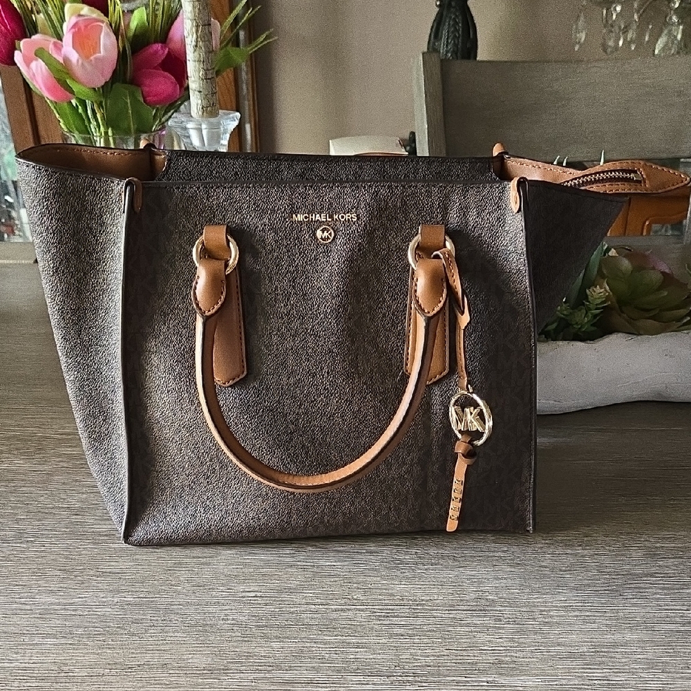 Michael Kors Brown and Tan Logo Tote with MK Charm